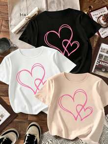 Conjunto de 3 piezas para el Día de San suitable for streetwear, Top oversized cuello redondo daily outings, camping, concerts, hip-hop, rock, and rap events de doble corazón rosa, combinación de 3 piezas, talla grande, a la moda, casual, deportivo, cuello redondo, top de manga corta. - Negro - Ver 1