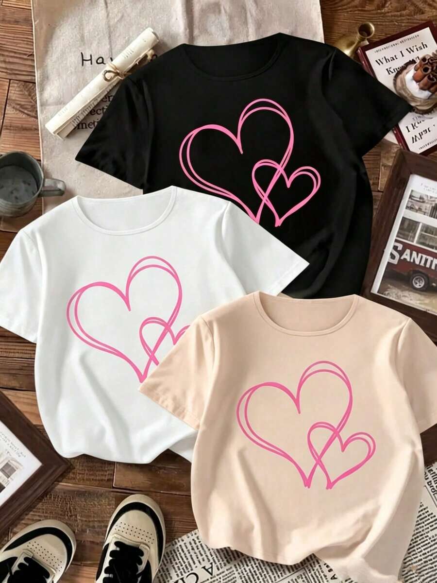 Conjunto de 3 piezas para el Día de San suitable for streetwear, Top oversized cuello redondo daily outings, camping, concerts, hip-hop, rock, and rap events de doble corazón rosa, combinación de 3 piezas, talla grande, a la moda, casual, deportivo, cuello redondo, top de manga corta. - Negro - Ver 1