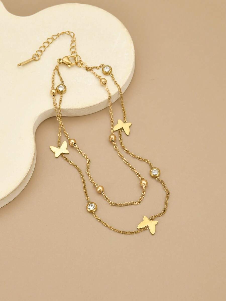 1pc Fashionable Smooth Butterfly Double-Layer Stainless Steel Anklet/Bracelet, Stainless Steel Jewelry, Gold Jewelry, Women's Summer Jewelry, Beach, Holiday Jewelry, Charm, Western Jewelry, Women's Beach Accessories, Gift, Birthday Gift