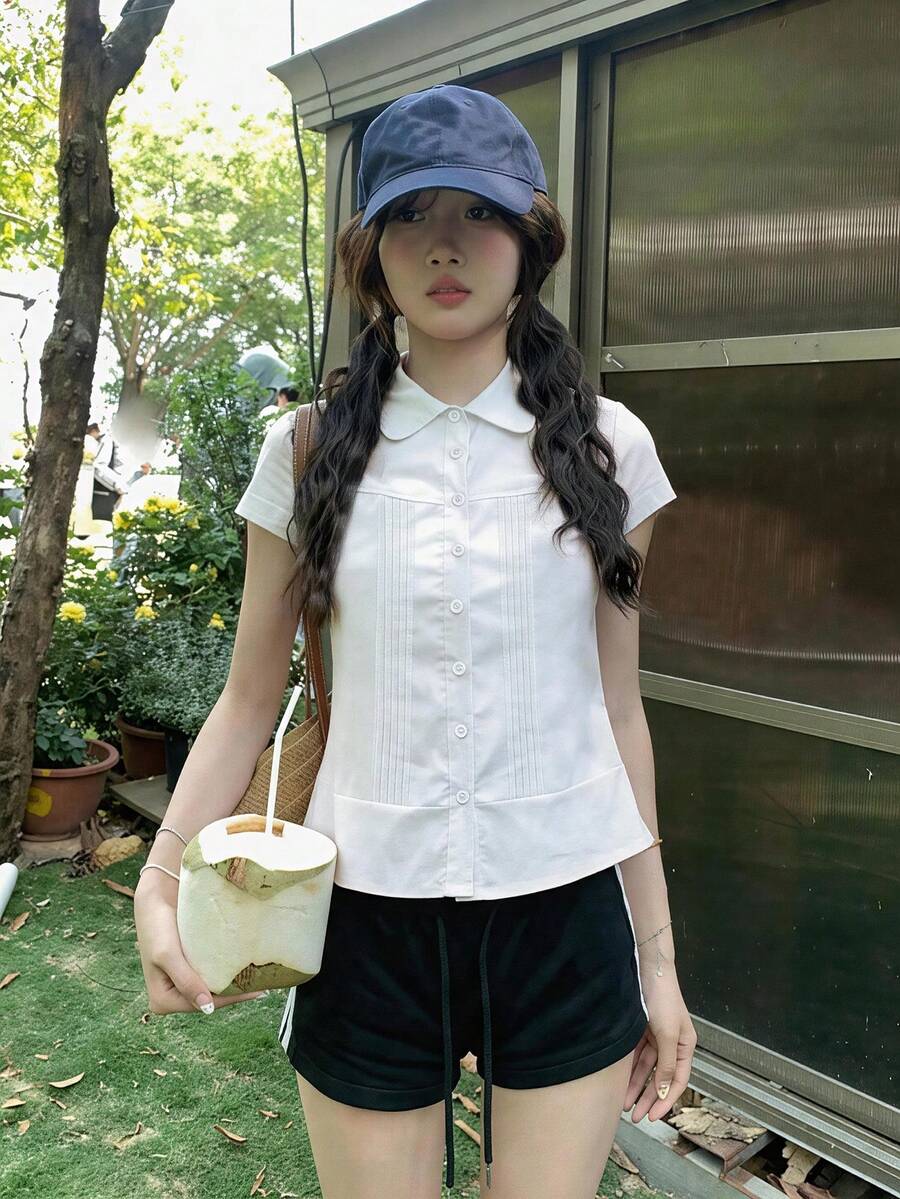 可愛彼得潘領收腰短袖女版上衣,學院風百搭白色夏季上衣 - 白色 - 查看 1