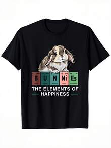 Camiseta casual de hombre de corte holgado - 100% algodón, camiseta gráfica con conejo de la tabla periódica y estampado "Elementos de la felicidad", negro, tallas S-XXXL, ropa con conejo, uso en todas las estaciones, diseño alegre, material de fácil cuidado - Negro - Ver 2