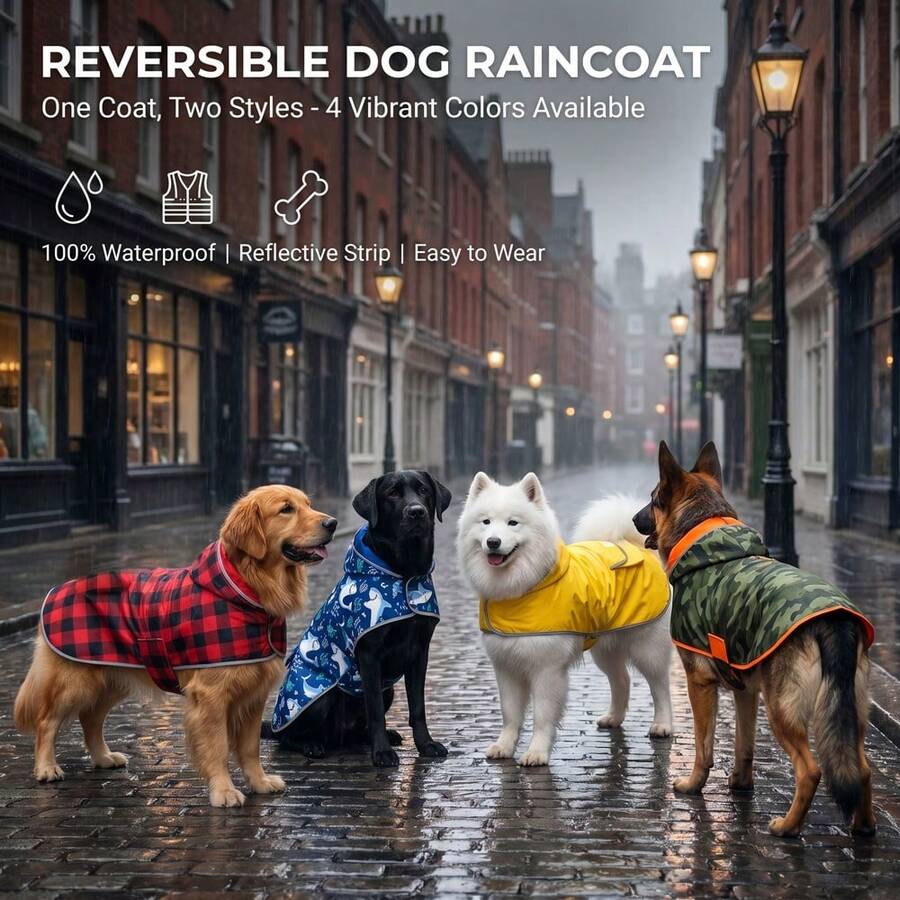 中大型犬用雙面可翻轉連帽狗雨衣,防水狗雨外套,可愛黃鴨 & 素色黃 2 面寵物雨披,適合戶外散步 - 黃色 - 查看 1