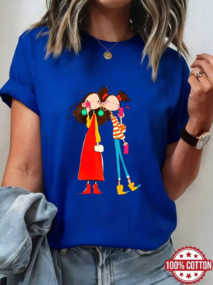Women's T-Shirt With Selfie Sister Print, Friends Set, Short Sleeve, 100% Cotton, Round Neck, Summer Top, Breathable Spring/Summer/Autumn T-Shirt, Suitable For Casual Wear, Pure Women's Short Sleeve Round Neck T-Shirt - 藍色 - 查看 1