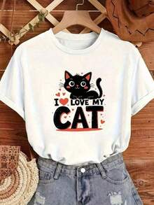Camiseta de manga corta para mujer con estampado de gato divertido y lindo, estilo casual y versátil, fácil de combinar con atuendos de primavera, se adapta a todas las formas del cuerpo. Perfecto para citas, desplazamientos diarios y uso casual al aire libre. - Blanco - Ver 2