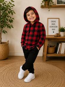 Long-Sleeved Flannel Plaid Shirt - Áo sơ mi có mũ kẻ caro đỏ - Xem 1