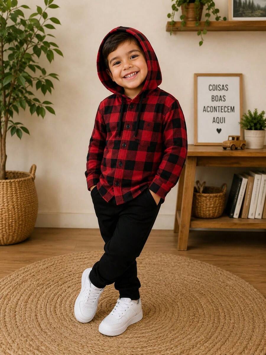 Long-Sleeved Flannel Plaid Shirt - 紅色格子連帽衫 - 查看 1