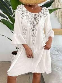 Swim Vcay Vestido cover up de croché en contraste de manga con volante - Blanco - Ver 5