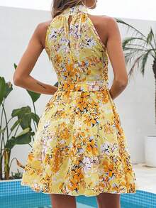 Elegant Floral Dress Spring Summer 2026, Ruffled Drawstring Wide Skirt For Women - Yellow - View 3