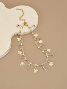 1pc Luxurious Colorful Rhinestone Butterfly Decor Stainless Steel Double Layer Anklet Bracelet For Women, Suitable For Spring And Summer - Yellow Gold - View 11