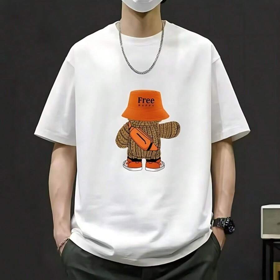 Unisex Loose-Fitting White 100% Cotton T-Shirt With Custom Bear Print, Versatile - White - View 1