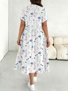 Vestido casual de vacaciones con estampado floral de manga corta para mujer de talla, adecuado para primavera y verano, vestido negro - Multicolor 4 - Ver 7
