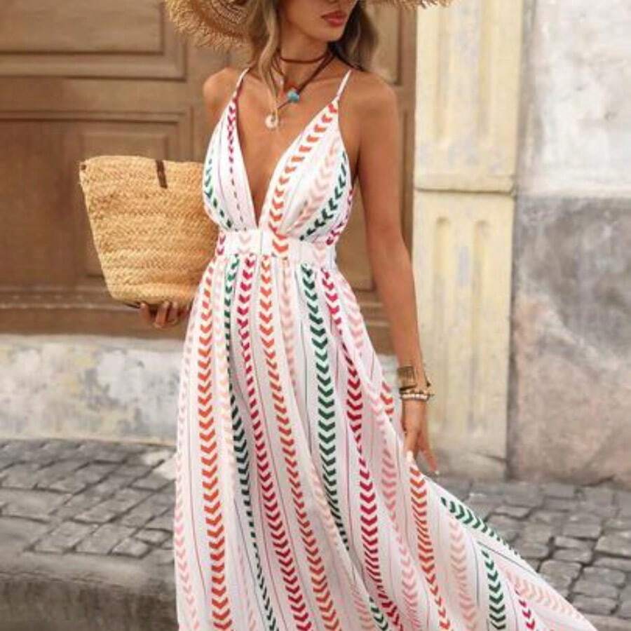 Vestido sin mangas de cuello en V con estampado total para vacaciones de verano de mujer - Multicolor - Ver 1