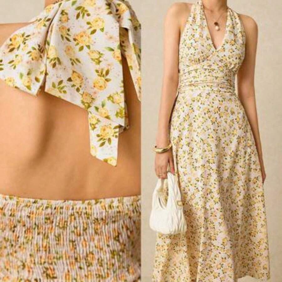 Vestido maxi con estampado floral romántico, escote halter y cintura fruncida, adecuado para vacaciones, bodas, fiestas de verano. Vestido de mujer con estampado floral pequeño, escote halter y cintura fruncida, ideal para verano, playa, primavera, Pascua, eventos. - Multicolor - Ver 1