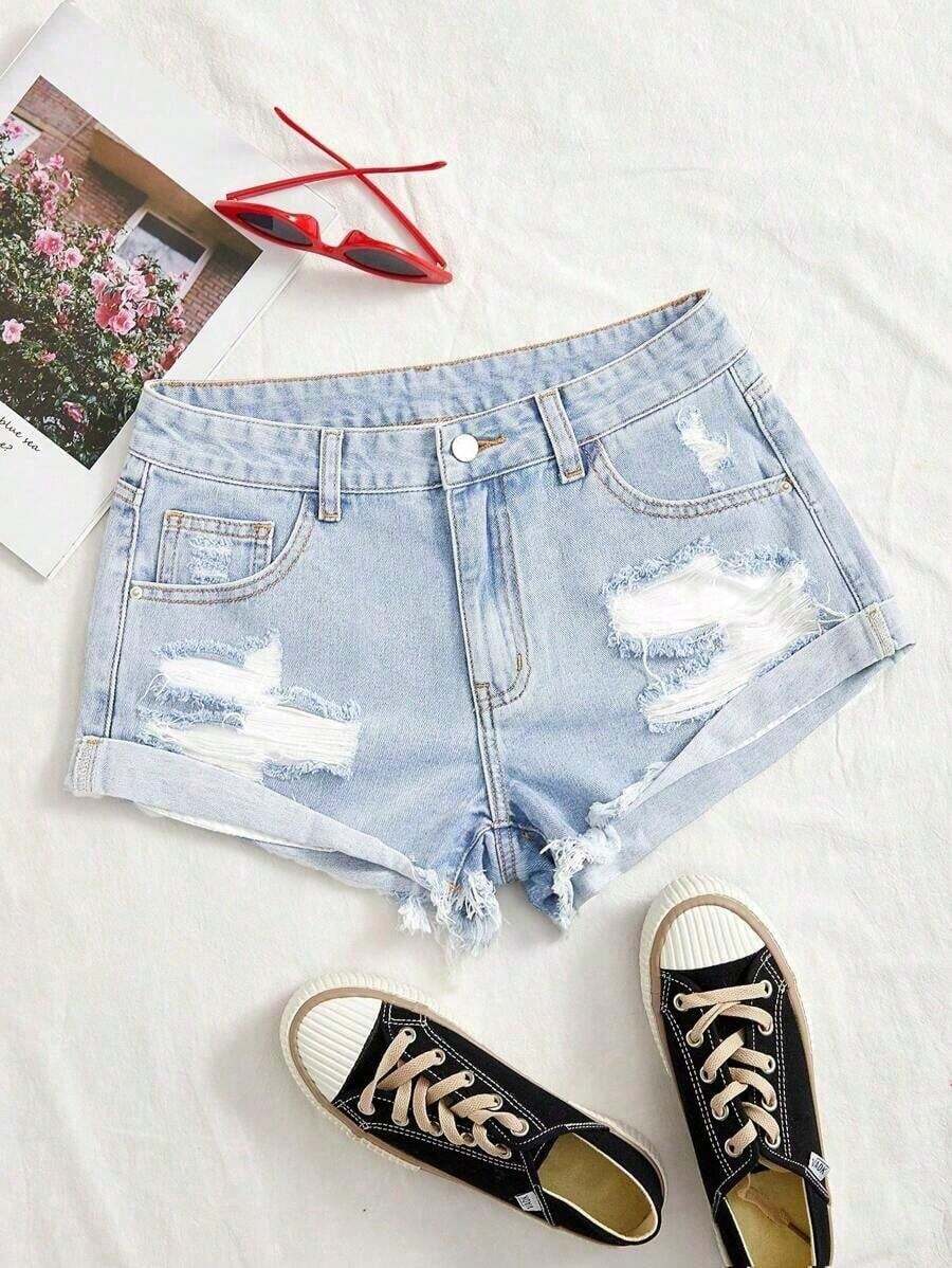 Distressed Rolled Hem Casual Denim Shorts For Summer - 輕洗 - 查看 1