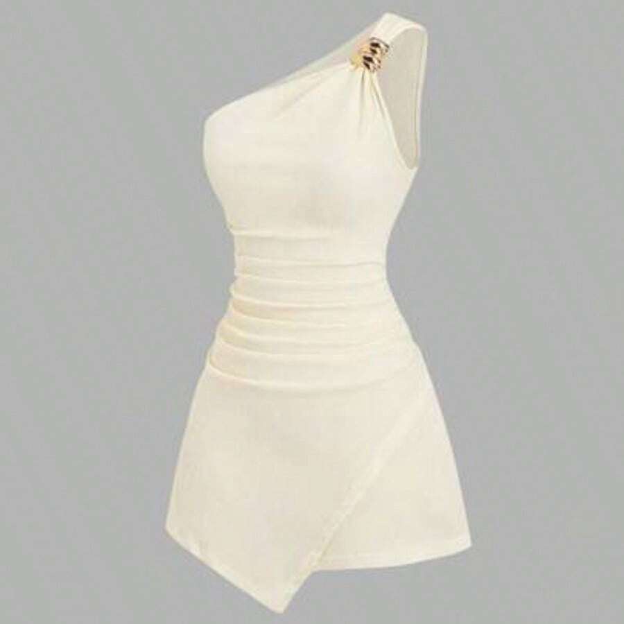 guangzhougaolangshangmao Vestido elegante y versátil para ir al trabajo, con cuello asimétrico, textura de tela plisada y abotonado, con estilo Y2K sexy - Albaricoque - Ver 1