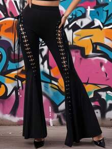 Women's Gothic Lace-Up Flared Pants With Chain Detail | High Waist Black Bell Bottoms | Grunge Y2K Streetwear Club Outfit | Sexy Edgy Vintage Punk Style - màu đen - Xem 5