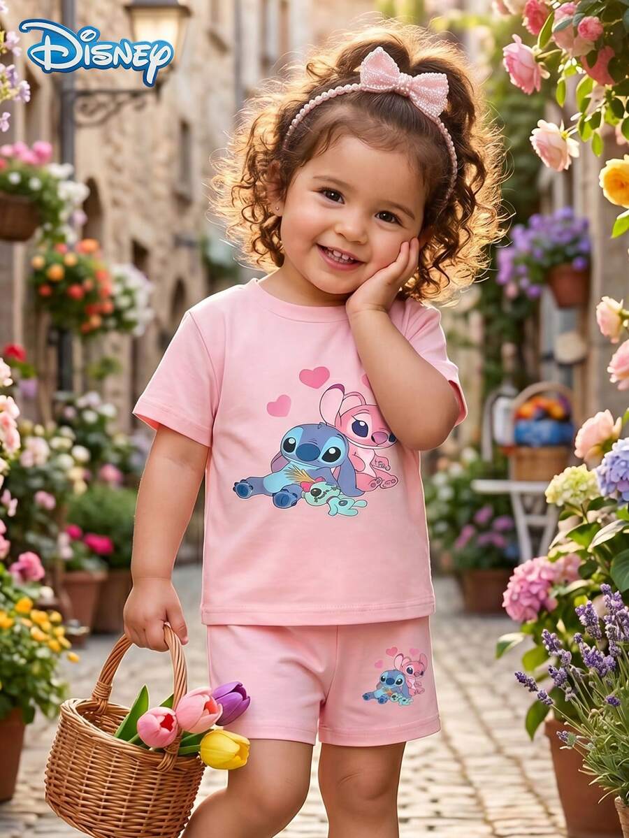 Disney Summer Baby Girls' Star Baby Cute Short Sleeve T-Shirt And Shorts Set With Stitch And Angel Cartoon Pattern, Stretchy Fabric Suitable For Baby Girl Daily Wear, Great Gift - Pink - View 1
