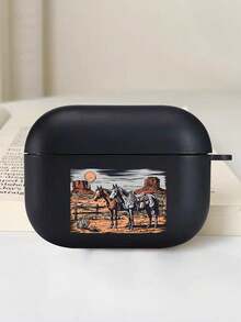1 Pc Black Retro Horses Western Canyon Sunset Graphic, Desert Country Style Anti‑Scratch Cover Compatible Suitable For AirPods 4/ 1/ 2/ 3/ Pro/ Pro2/ Pro3, A Simple And Stylish Holiday Gift - Black - View 5