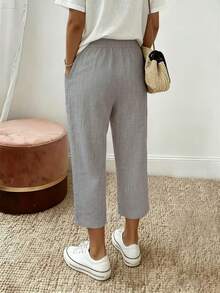 Pantalones largos casuales de pierna ancha 3/4 para mujer, nuevos de verano, elegantes para ir a la oficina, con cintura elástica con cordón y bolsillos - Gris - Ver 2