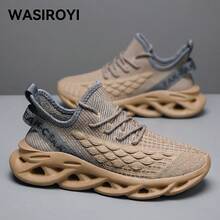 WASIROYI Men's Lightweight Bounce-Back Non-Slip Running Shoes, Breathable Knit Casual Sports Shoes, Plus Size Road Running Shoes, Striped Lace-Up Vamp Design Wear-Resistant MD Sole, Campus All Season, Lightweight Comfortable Shock-Absorbing Sports Shoes - màu nâu - Xem 6
