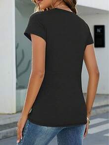 Women's T-Shirt With Key Print Spring Summer Casual Loose Round Neck Short Sleeve - 黑暗的 - 查看 4