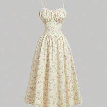 YijiaNvz  MOD Vestido de tirantes de mujer con estampado floral romántico amarillo, cuello en V y decoración de encaje plisado en el busto - Amarillo - Ver 2