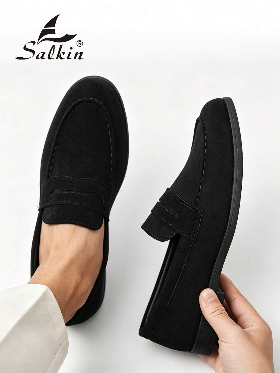 Salkin 男士奢華設計師便貨樂福鞋 一腳蹬 純色柔軟麂皮休閒鞋 防滑耐磨鞋底 日常穿著 畢業典禮 大學風 商務正式鞋 辦公室 派對 宴會,尺寸偏小,靜奢風 - 黑色 - 查看 1