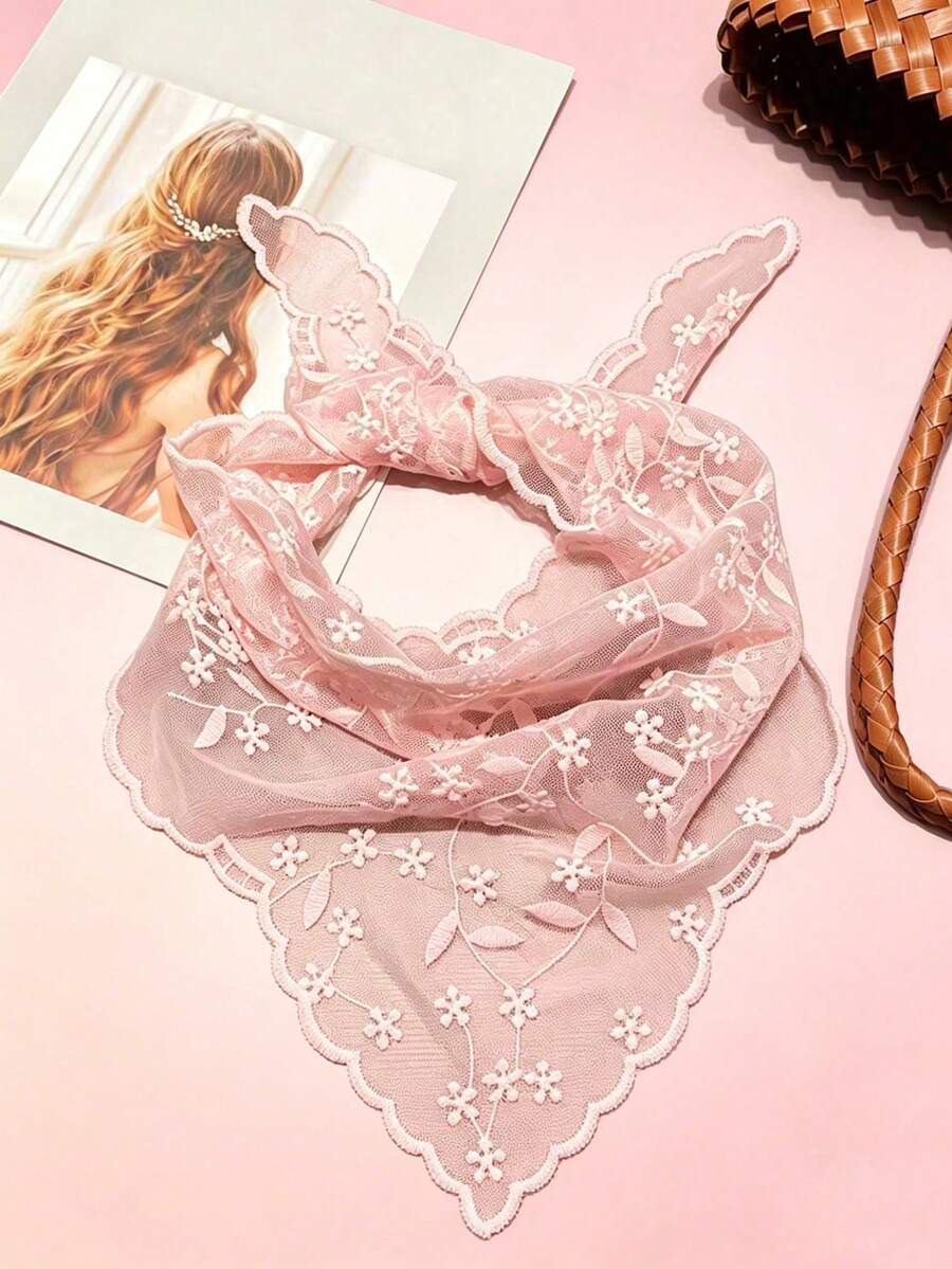 1pc Lace Floral Trim Scarf, Triangular Scarf, Bag Decor, Hair Tie - Multicolor - View 1