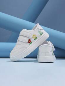 1 Pair Non-Slip Wear-Resistant Breathable Flat Magic Tape White Sneakers With Distinctive Logo, Suitable For Matching With Skirts - White - View 6