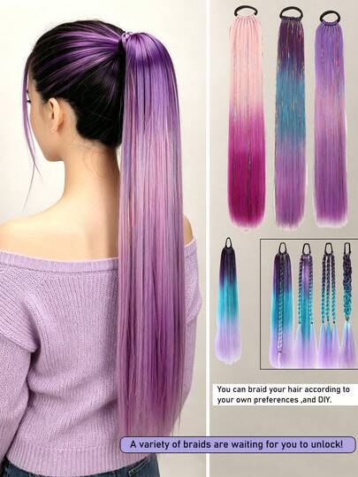 1 pieza Peluca trenzada morada de 26 pulgadas, adecuada para niñas, textura de cabello liso y largo, accesorio de cabello esponjoso resistente al calor para coleta, adecuado para uso diario, fiestas y reuniones de niñas - Peluca con lazo negro