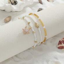 Set de 7 pulseras de capas con perlas de concha y estrella de mar, diseño de estilo bohemio, adecuado para uso casual en vacaciones en la playa, patrón de concha aleatorio, también adecuado para fiesta, boda, pulsera de novia - Dorado - Ver 5