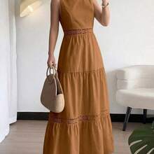 Vestido de mujer de verano con cuello redondo, sin mangas, con encaje en la cintura y bolsillo, elegante y romántico, adecuado para uso diario, citas y vacaciones - Cafetería - Ver 7