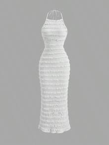 Vestido maxi de encaje plisado amarillo claro para mujer, estilo romántico y sexy de resort, primavera/verano - Blanco - Ver 1