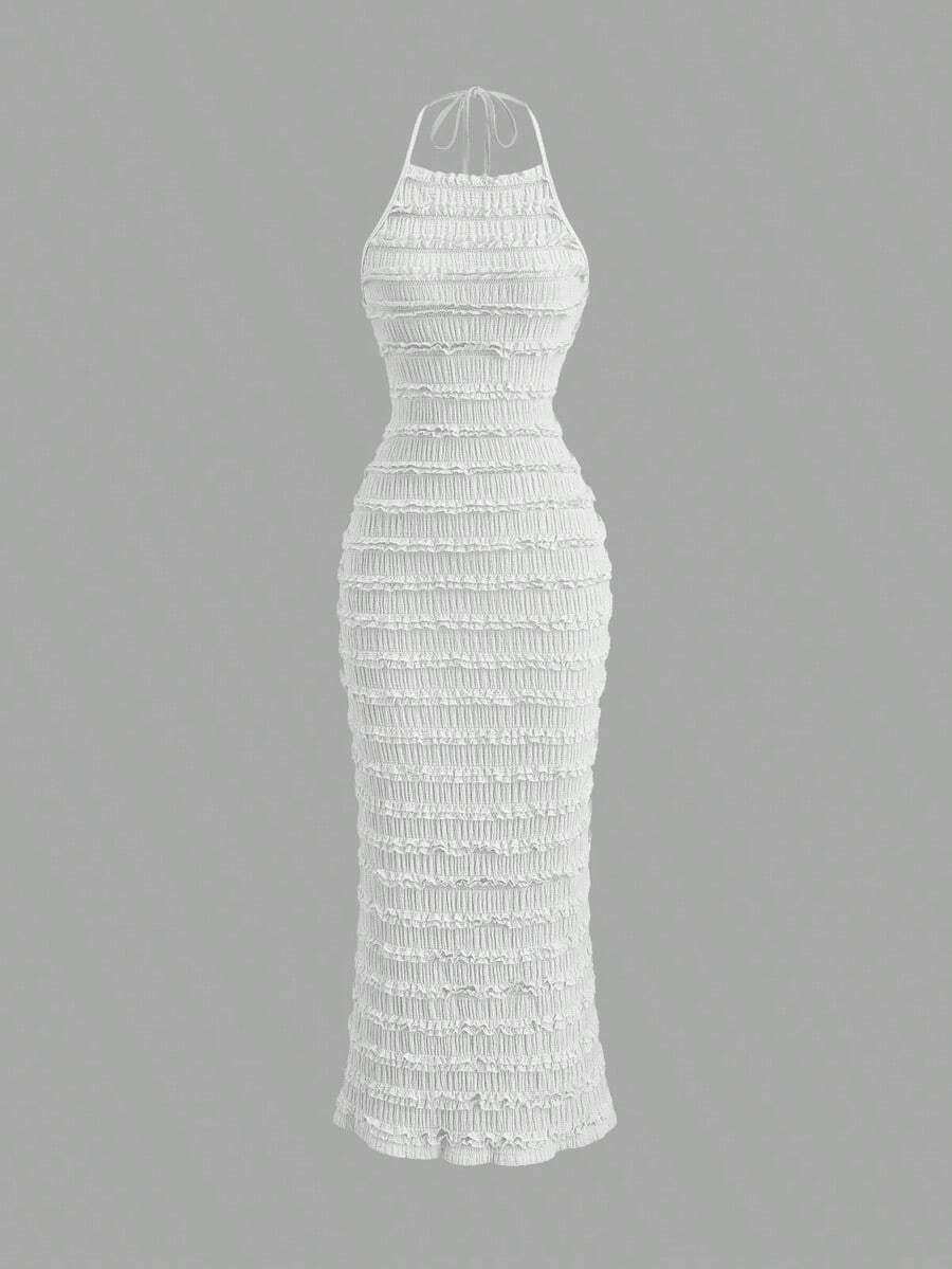 Vestido maxi de encaje plisado amarillo claro para mujer, estilo romántico y sexy de resort, primavera/verano - Blanco - Ver 1