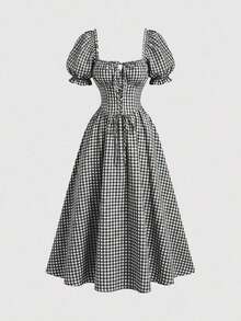 MOD Vestido de cuello cuadrado con mangas de pétalo y cintura ceñida en color rosa - Negro - Ver 3
