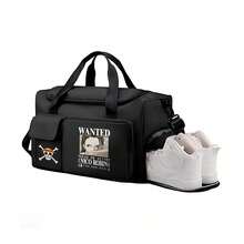 Miniso 1 Borsa da palestra monoblocco - Stampa "Wanted" di Nico Robin con Jolly Roger del cappello di paglia, borsa sportiva e da viaggio nera per viaggi di una notte, allenamento - nero - Visualizzare 3