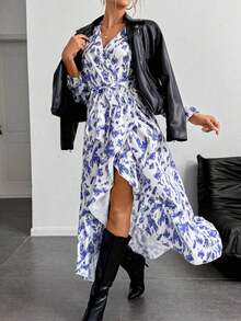xheBreezaya Vestido largo estampado con mangas de farol, bajo con volantes y cinturón para mujerxhe - Azul y blanco - Ver 6