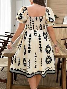 EMERY Vestido con cuello cuadrado, mangas abullonadas, decorado con botones y volantes en el bajo, en colores marrón y rojo con estampado de rosas, para vacaciones, en talla - Multicolor 5 - Ver 2