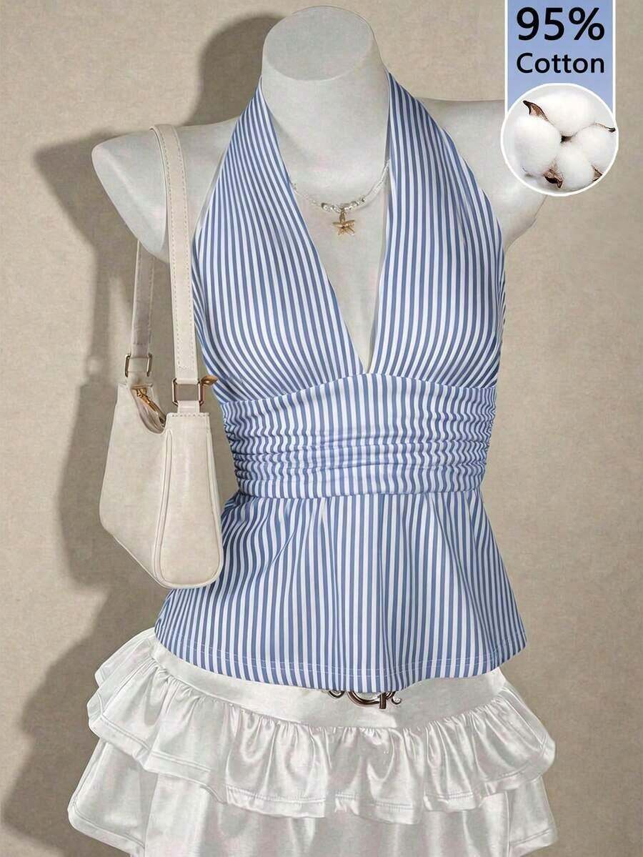Top sin espalda de halter estilo boho marrón para salir, tipo babydoll, para primavera a verano - rayas azules - Ver 1