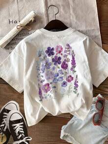 [Double-Sided Print] Women's Summer Casual Top, Floral Print Style, Blue T-Shirt With Blue And Purple Flowers, Round Neck, Short Sleeve [Ling K] - 白色 - 查看 2