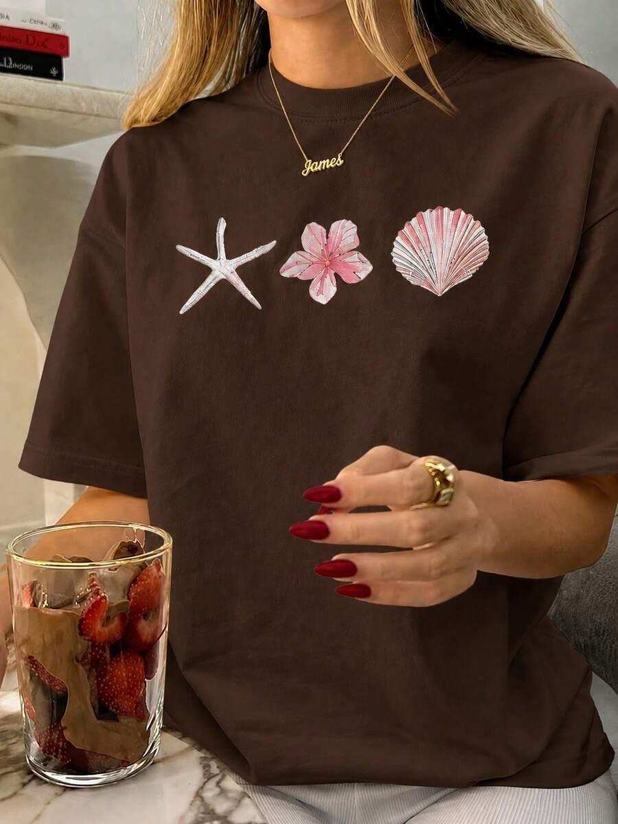 Women's Beach T-Shirt With Sea And Shell Print, Comfortable Cotton, Summer Look - 鏽棕色 - 查看 1