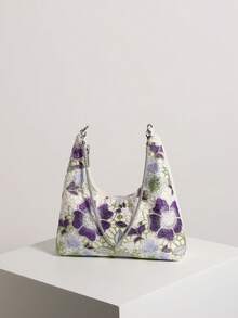 Yellow Green Lace Hollow Floral Hobo Shoulder Bag With Sparkling Rhinestones For Women, Suitable For Vacation (Floral Pattern Randomly Distributed) - Purple - View 5