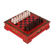 Easytoday 26*26厘米/10.24*10.24英寸 手工仿古兵马俑国际象棋套装，复古木制桌面国际象棋游戏，各种节日娱乐礼品 - 紅木色 - 查看 8