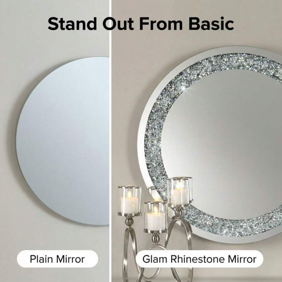 1PC Handmade Inlaid Rhinestone Frame Mirror, Luxury Round Wall Mirror, High Definition Scratch-Resistant Mirror Surface, Entryway Bathroom Bedroom Living Room Decorative Mirror, Modern Style Home Mirror - 40 cm In Diameter - View 1