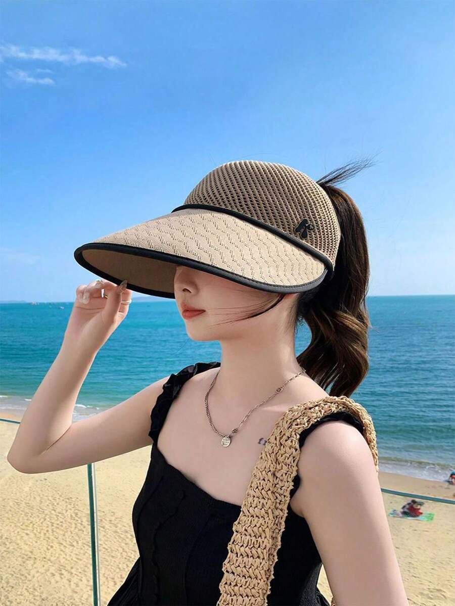 1pc Women's Solid Color Knitted Wide Brim Sun Hat, Breathable Mesh Top, Letter Print, Suitable For Outdoor Sports And Travel, Spring/Autumn/Summer - Multicolor - View 1