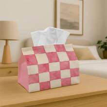 2D Flat Watercolor Pink & White Checkerboard Geometric Fabric Tissue Box Cover, Polyester Wear-Resistant Rectangular Tissue Storage Holder, Minimalist Fresh INS Style, Versatile Soft Decor For Living Room, Bedroom, Bathroom, Vanity, Car, Desktop Decoration - Multicolor - View 8
