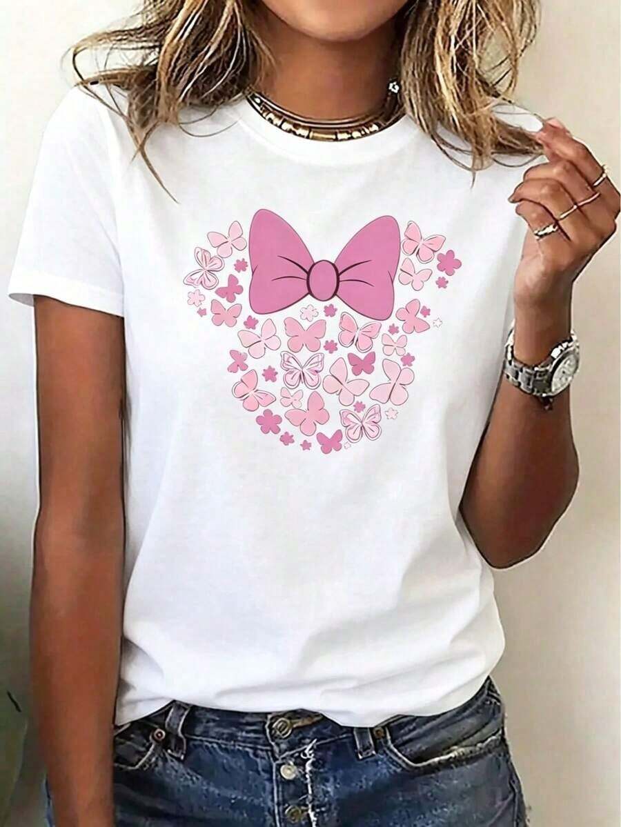 Fashionable Women's Short Sleeve Sports T-Shirt - Featuring A Pink Bow Design And Butterfly Print, This Machine-Washable, Comfortable, And Easy-To-Match T-Shirt Has A Casual Round Neck And Is Suitable For All Seasons. Perfect For Family Gatherings, Christmas Gifts, And Everyday Outings, It Highlights Your Warmth And Charm-A Must-Have Item! A Stylish Shirt. - 白色 - 查看 1