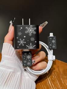 Funda protectora con diseño de copo de nieve para cabezal de carga, almacenamiento de cable de datos, compatible con cargador de 20W para iPhone 15 Pro Max, 17 Pro Max, 16 Pro Max, 11, 12, 13, 14 Pro Max, de moda - Negro - Ver 5