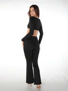 Bộ 2 món áo crop top cổ tròn và quần dài màu đen thanh lịch dành cho nữ, thích hợp cho mùa xuân. - màu đen - Xem 8
