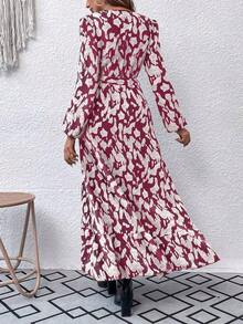 xheBreezaya Vestido largo estampado con mangas de farol, bajo con volantes y cinturón para mujerxhe - Rosa Fucsia - Ver 2